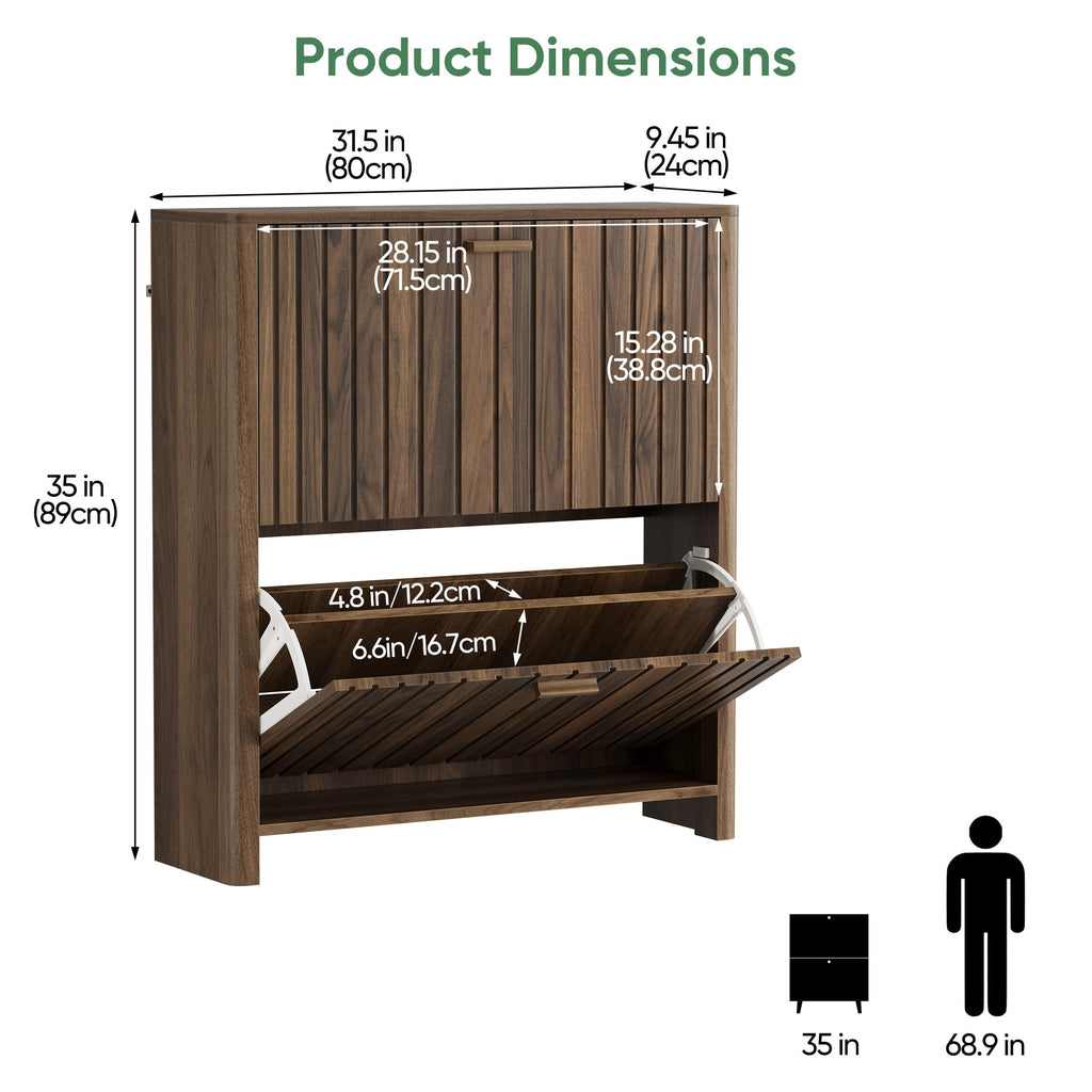 Shoe Storage, Walnut Gradient Fluted Hidden Cabinet with Metal Legs, Organizer with Flip Doors, Slim Entryway Storage