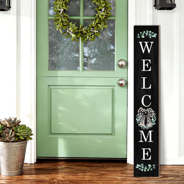 Eucalyptus Wreath Welcome Porch Sign, Black Signs for Front Porch, Spring Eucalyptus Leaves Door Sign Yard, Vertical