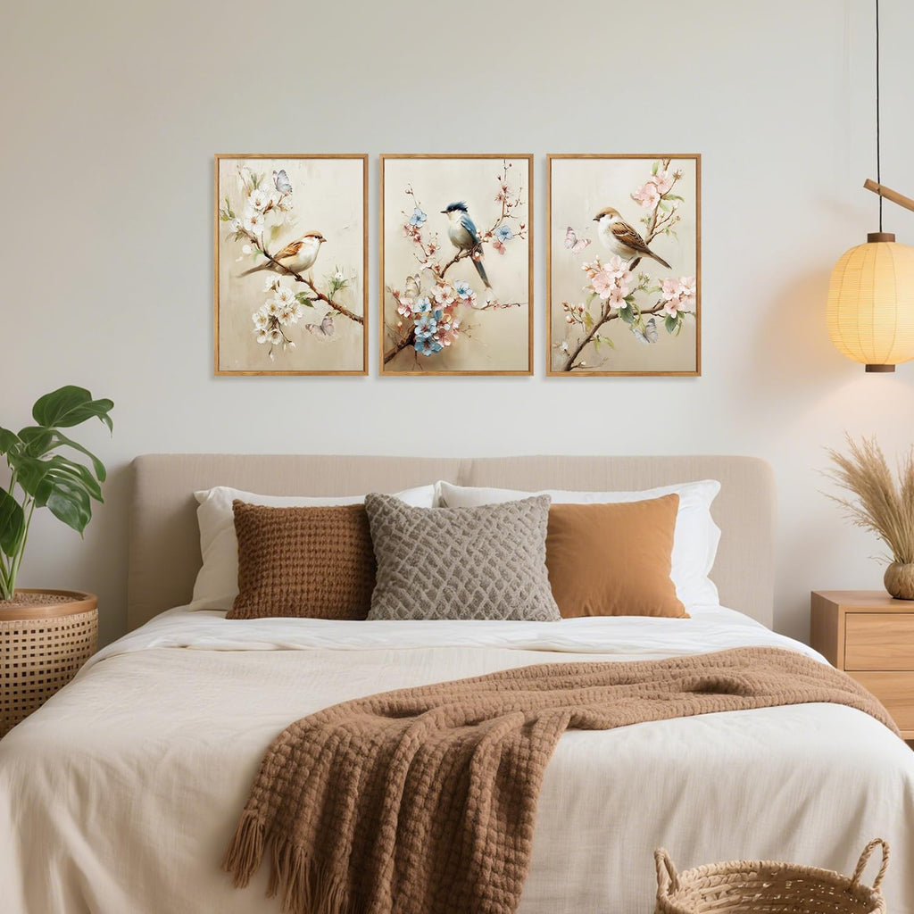 Bird and Blossom Framed Canvas Wall Art Set Of 3, Vintage Floral Wall Decor, Retro Nature Avian Floral Wall Painting