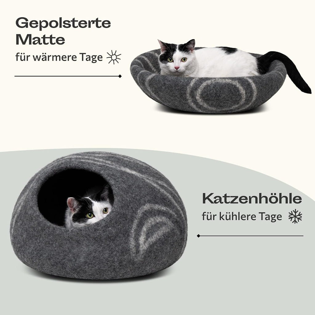 Premium Felt Cat Bed Cave (Dark Grey/Large) and Wool Ball Toys (6-Pack) Bundle