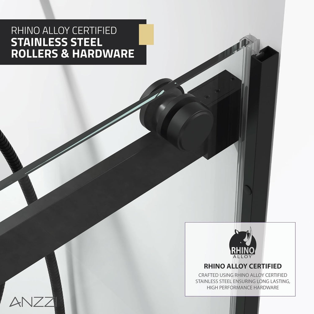 Frameless Sliding Shower Door 60 x 76 in Matte Black, 5/16 in Tempered Deco-Glass, Tsunami Guard Coating