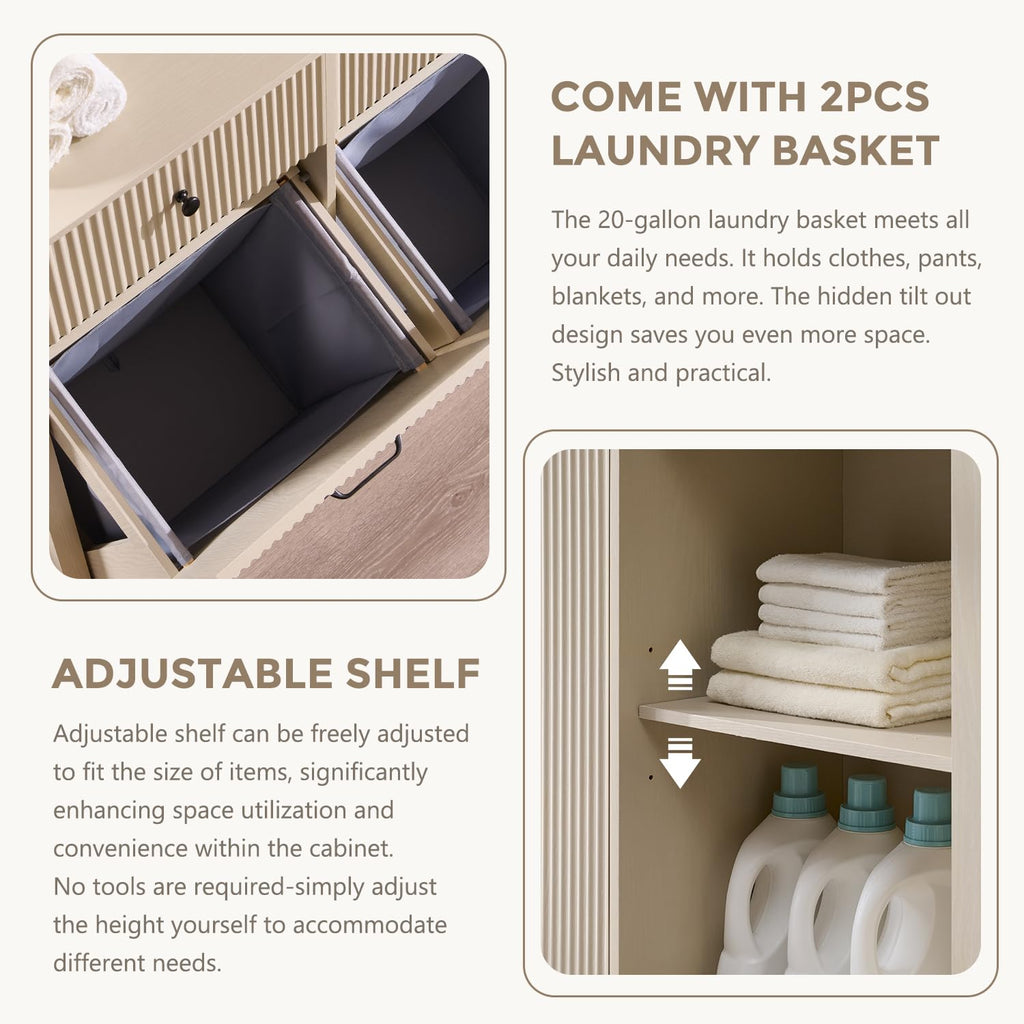 Triple Tilt Out Laundry Hamper Cabinet, Trash Can Cabinet, Cream