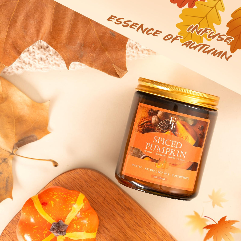 Fall Candle, Spiced Pumpkin Scented Candles, Natural Soy Autumn Candle Aromatherapy Candle, 7 oz Jar Candles Fall