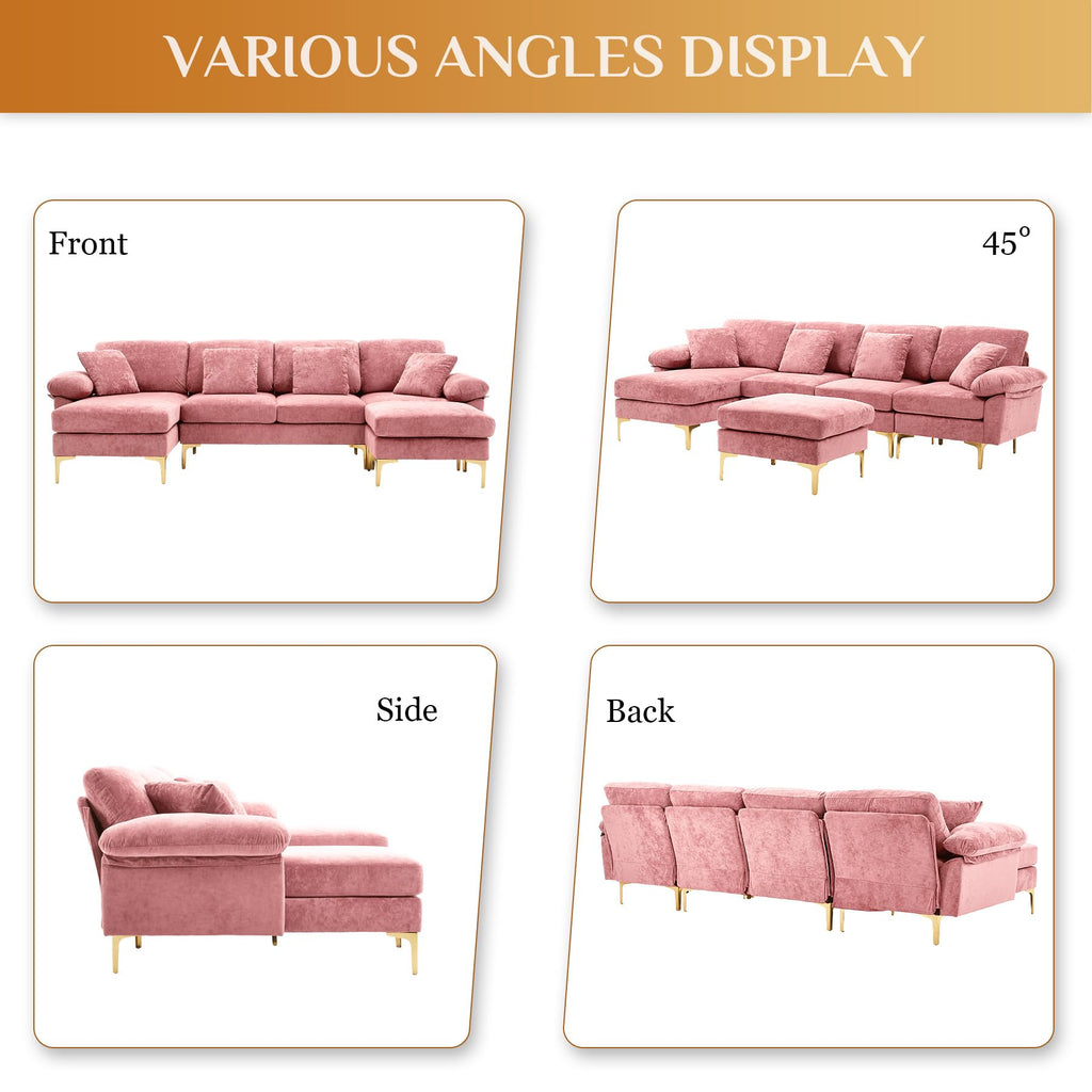 114" U-Shaped Sectional Couch with Ottoman, Pink