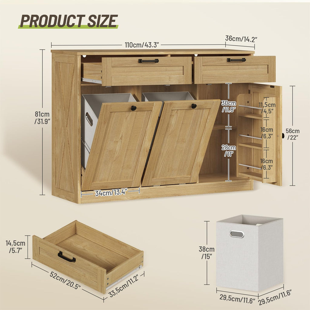 Double Tilt Out Laundry Hamper Cabinet, 43.3" Laundry Cabinet with 2 Removable Baskets, Farmhouse Wooden Hidden Trash