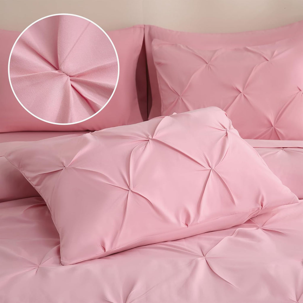 7 Pieces Pink Queen Comforter Set, Pintuck Pinch Pleat Bed in a Bag