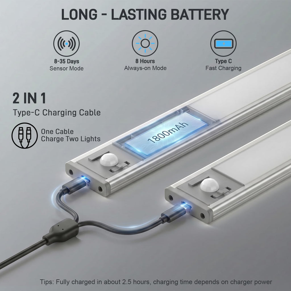 6Pack Aluminum Under Cabinet Lighting, 10inch Rechargeable Ultra-Thin Magnetic Motion Sensor Closet Lights, 3 Colors