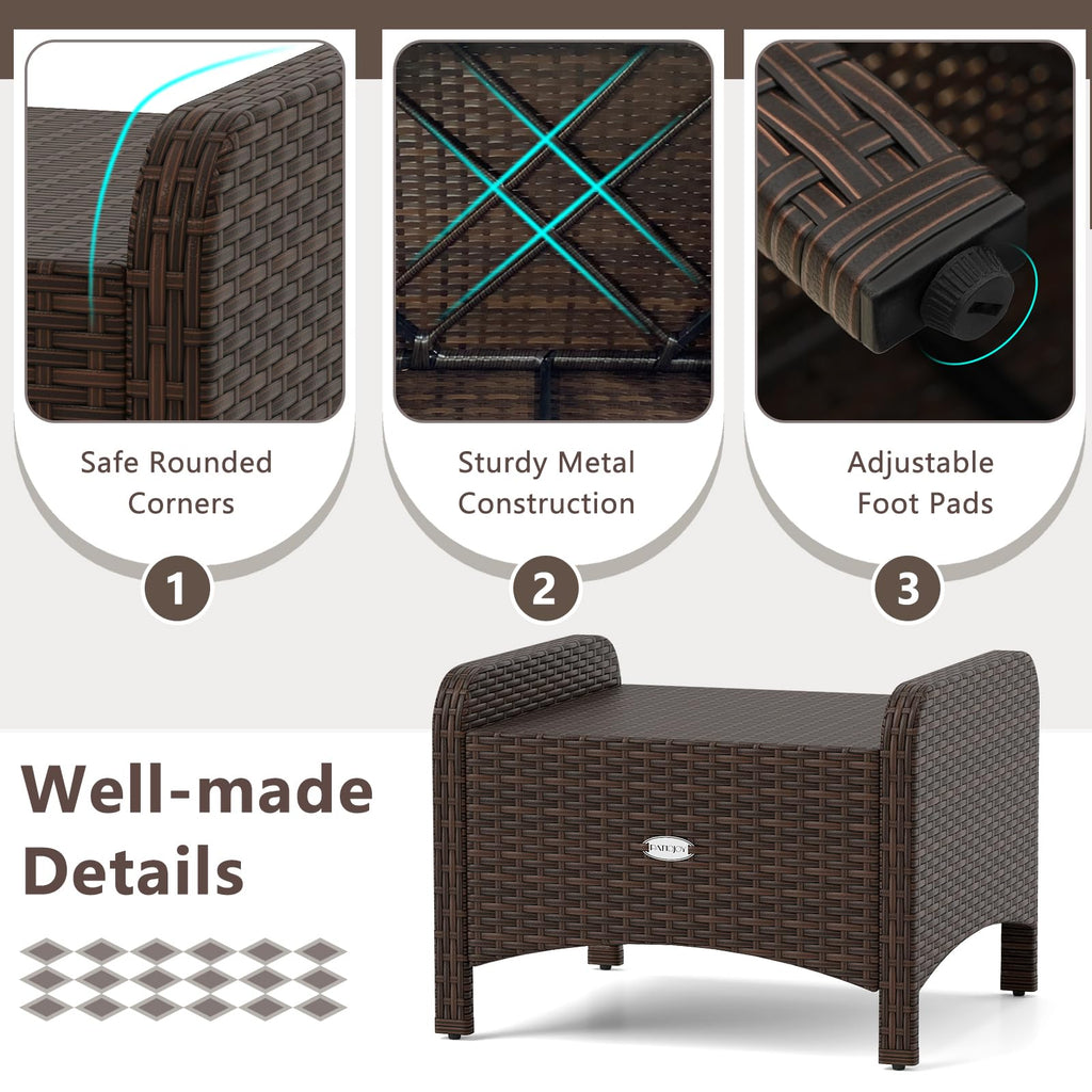 Wicker Outdoor Ottomans - Set of 2 Rattan Footstools w/Removable Cushions, Multipurpose Outside Foot Rest, Side Table