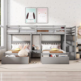 L Shaped Bunk Bed Full Over Twin Over Twin for 3, Triple Bunk Beds Frame with Storage Drawers and Staircase
