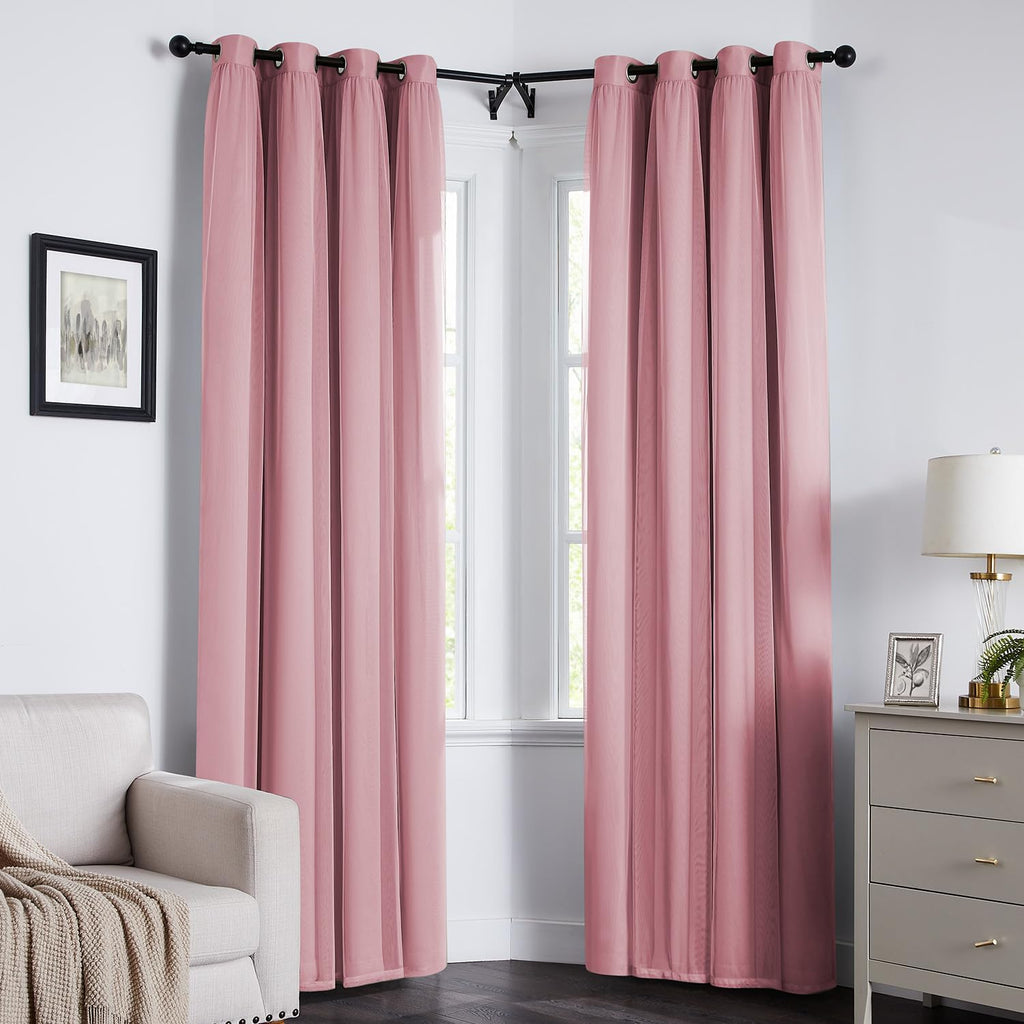 100% Blackout Curtains, Double Layer Pink Curtains, Black Out Curtain 84 inch Long with Sheer Overlay, Room Darkening