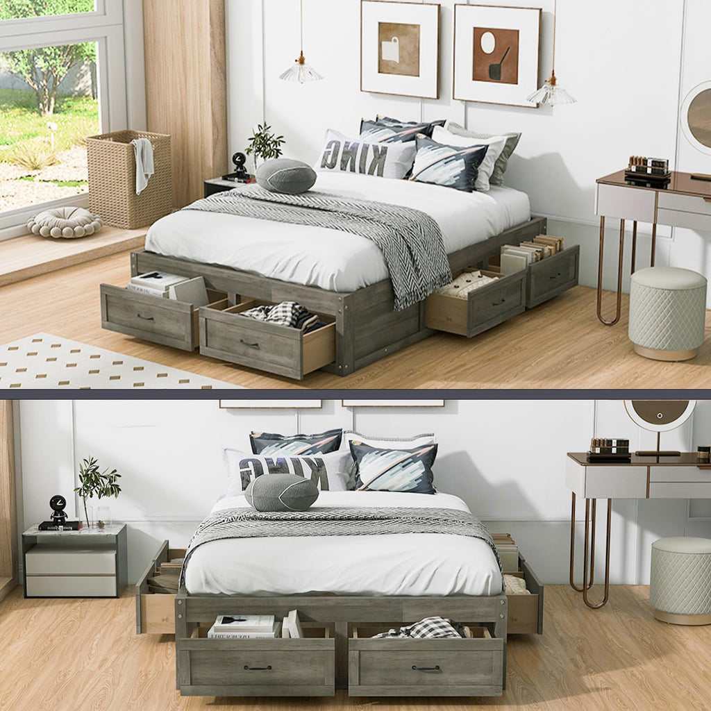 Antique Gray Wood Bed Frame, Farmhouse Japanese Low Platform Wooden Beds Frames with 6 Storage Drawers