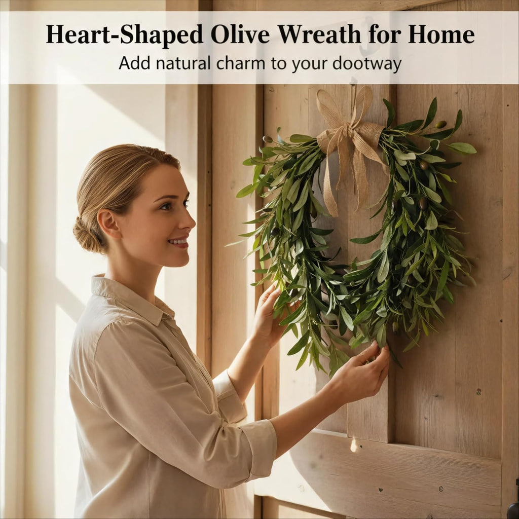 22 Inch Lifelike Faux Heart Shaped Olive Wreath for Front Door