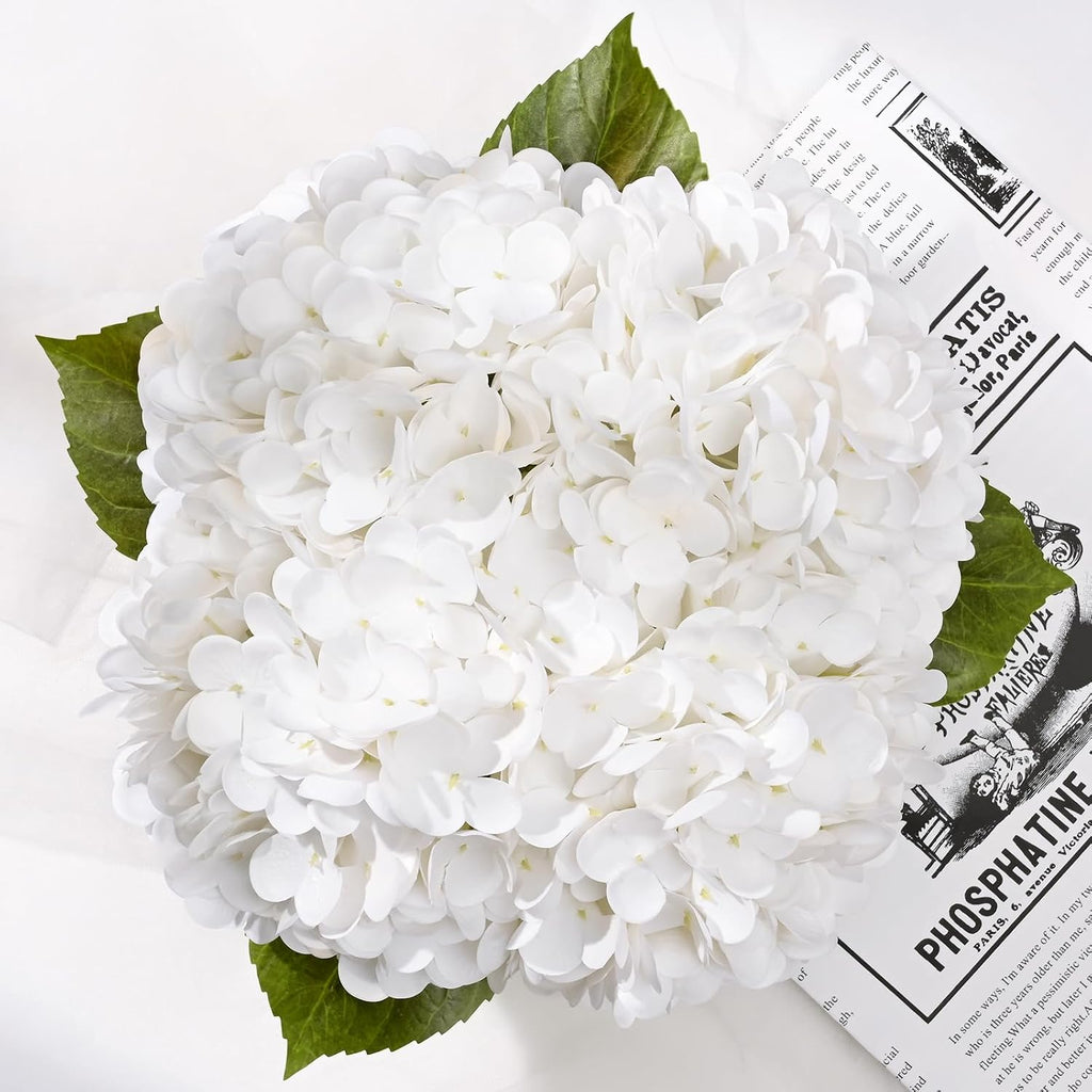Luxury PU Fake Flowers in Vase with Faux Water, White Real Touch Hydrangea Artificial Flowers with Glass Vase Home