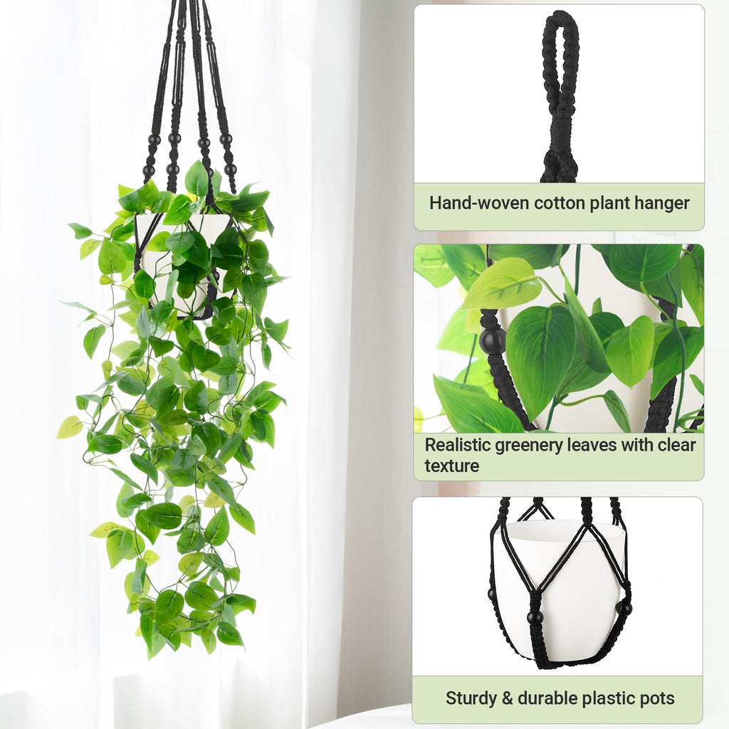 Fake Hanging Plant, Macrame Hanger with Pothos Vines & Pot, Black