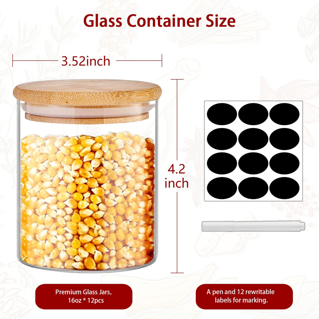 Glass Jars with Bamboo Lids 16 oz, 12pcs Glass Food Storage Jars with Rewritable Labels, Bamboo Lid Jar Storage, Food