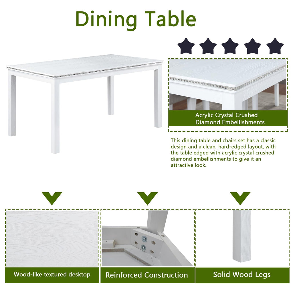 6-Piece Dining Table Set for 6, Solid Wood Kitchen Table Set with 4 Upholstered Chairs & Bench, White