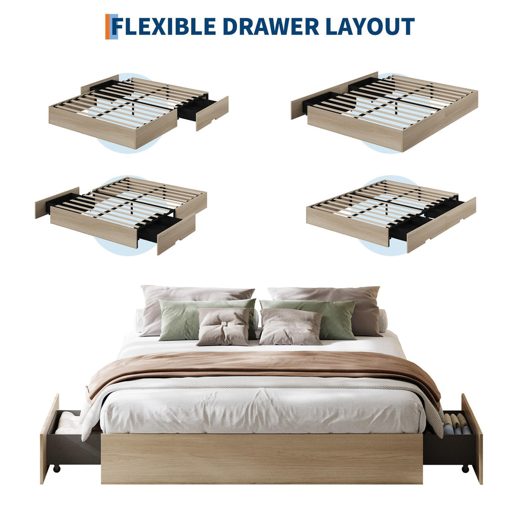 Full Bed Frame with 2 Storage Drawers, Wood Platform Bed