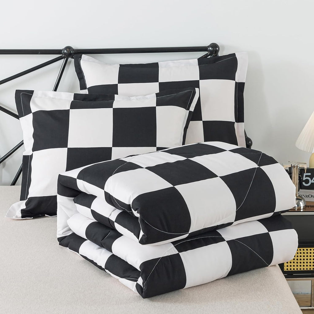 Black and White Checkered Comforter Set, Plaid Twin Checkered Boys Bedding Set for All Seasons, Farmhouse Soft