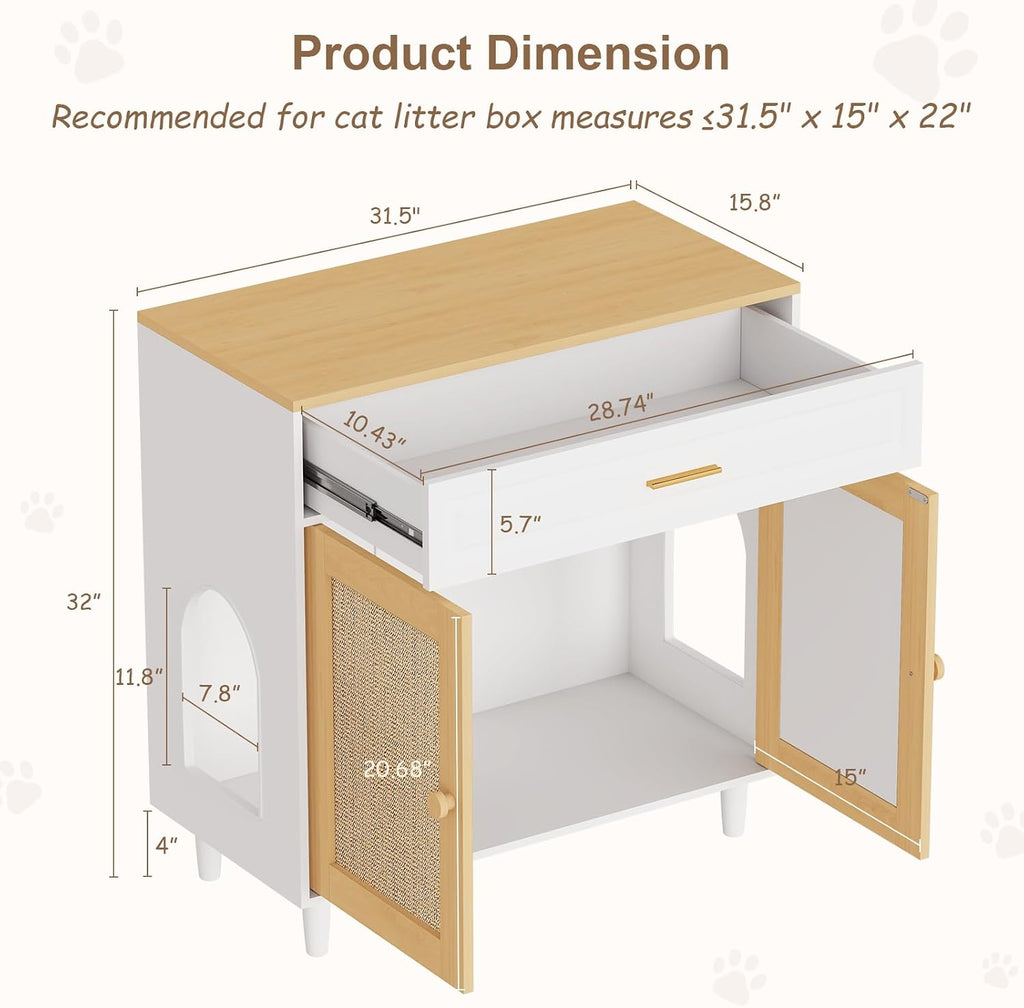 Cat Litter Box Enclosure, Hidden Litter Box Cabinet with Sisal Scratching Board Doors and Drawer, Dog Proof