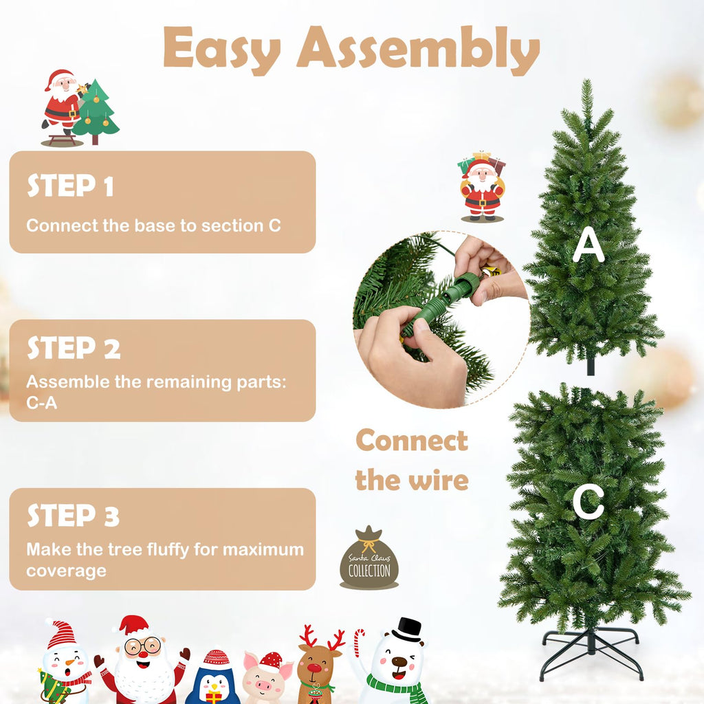 5FT Pre-Lit Artificial Christmas Tree with 390 Tips, 180 LED Lights, 10 Lighting Modes, Hinged Slim Pencil Xmas Tree
