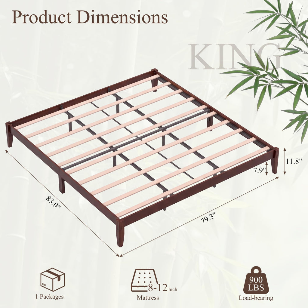 Japanese Joinery Solid Wood King Bed Frame, Bamboo Platform Bed, Walnut