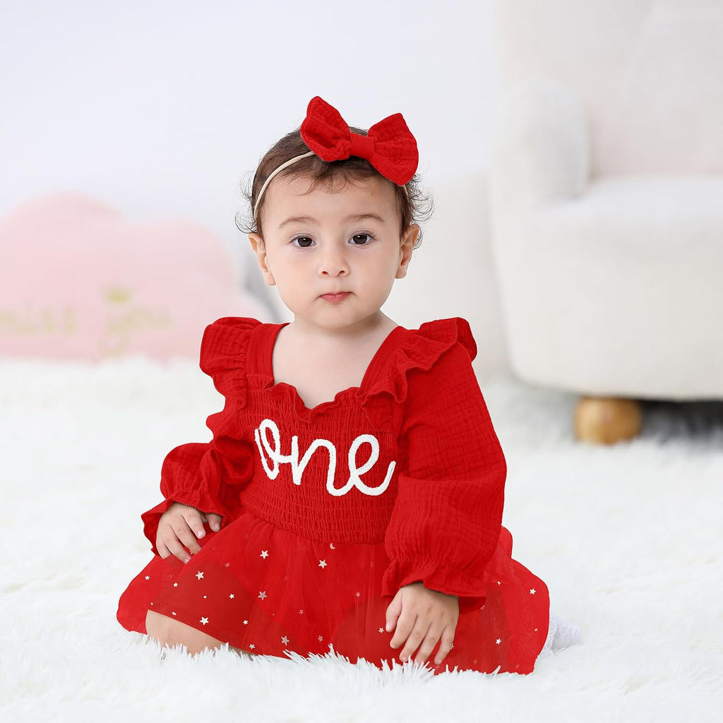 Baby Girl 1st Birthday Clothes One Year Old Tulle Romper Long Sleeve Bodysuit Cake Smash Outfits