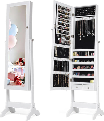 Standing Mirrored Jewelry Box, Jewelry Armoire Storage Organizer Large Capacity, Wooden Mirror Jewelry Cabinet, 4