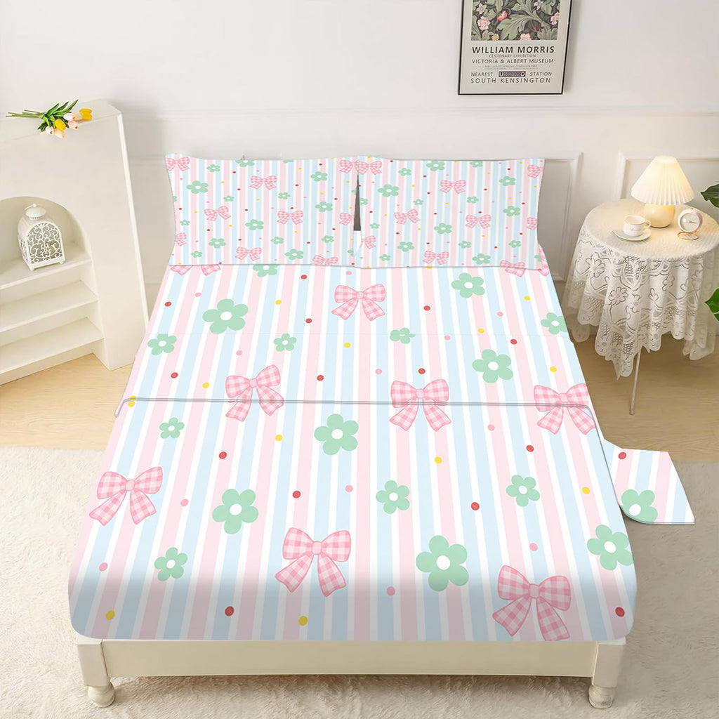 Pink Striped Gingham Bow Floral Fitted Sheet Set