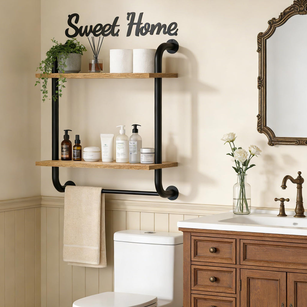 Bathroom Shelves Wall Mounted, Rustic Farmhouse Pipe Shelves, 2-Tier, Industrial Shelving Over Toilet, Floating Shelf