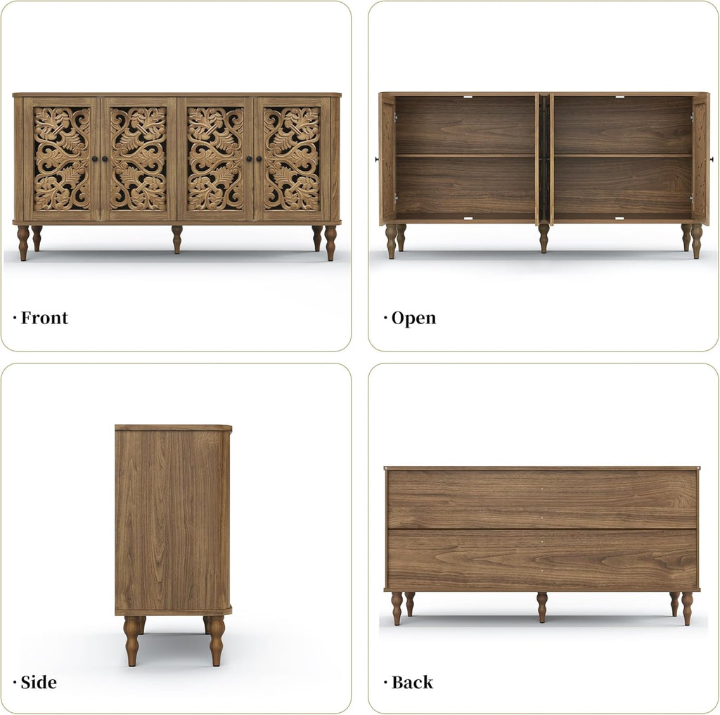 63" Retro Arc Carved Sideboard Buffet Cabinet, 4 Craft Doors Wooden Accent Credenza for Living Room, Dining Room