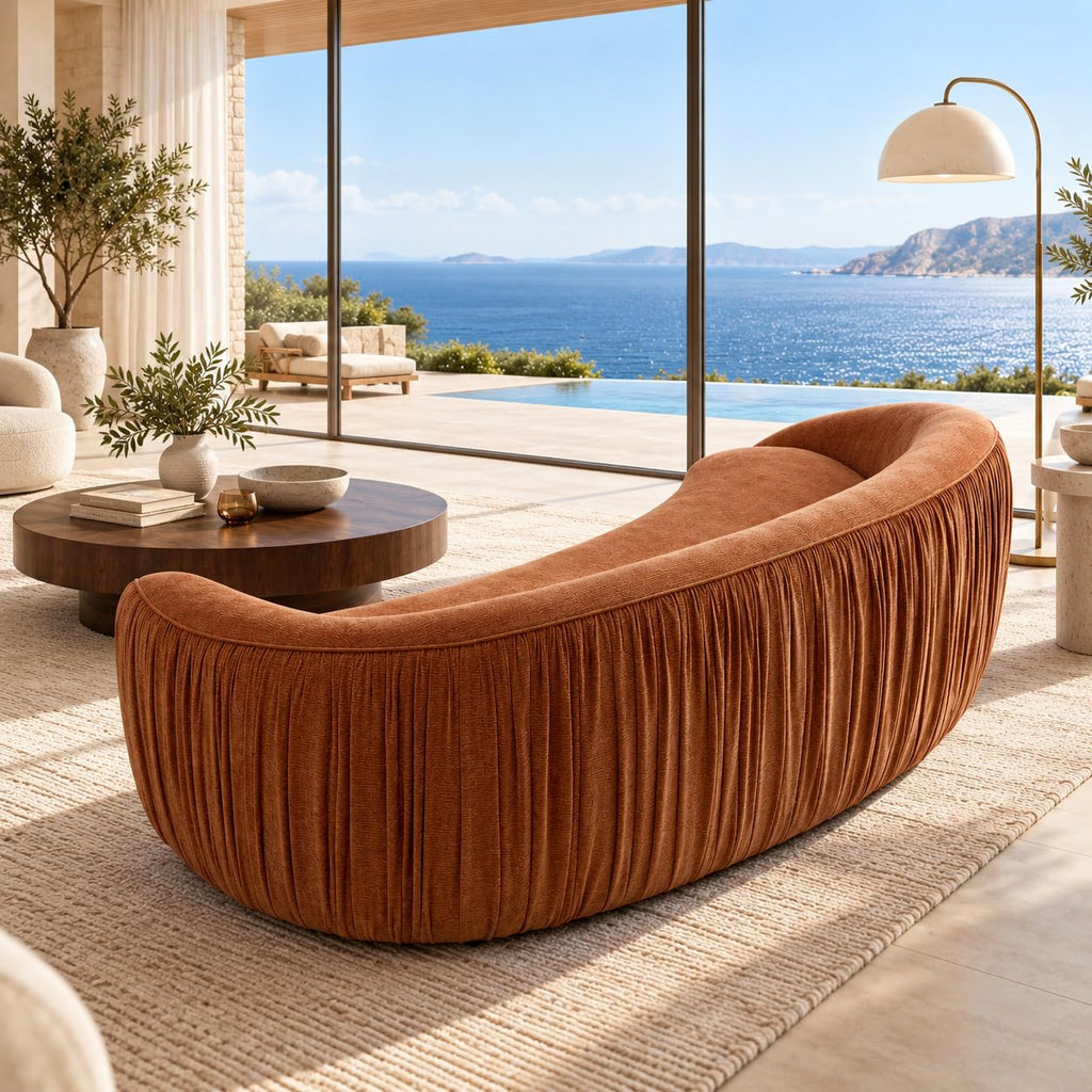 92.13 Inch Curved, Rust Orange Chenille 4 Seater Couch With Deep Seat