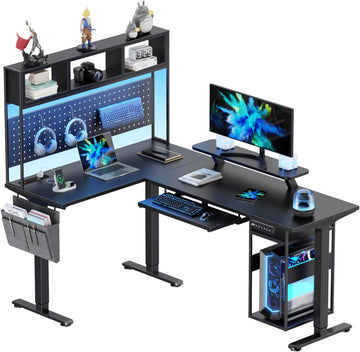 Electric L Shaped Standing Desk Adjustable Height, 67" x 47" Corner Computer Desk with Host Shelf, Gaming Desk with