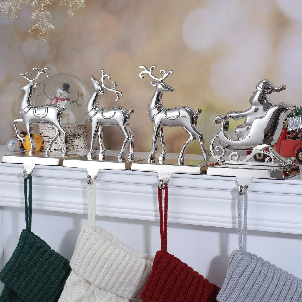 Set of 4 Christmas Stocking Holder for Mantel Reindeer and Sleigh Christmas Stocking Hangers for Fireplace Metal