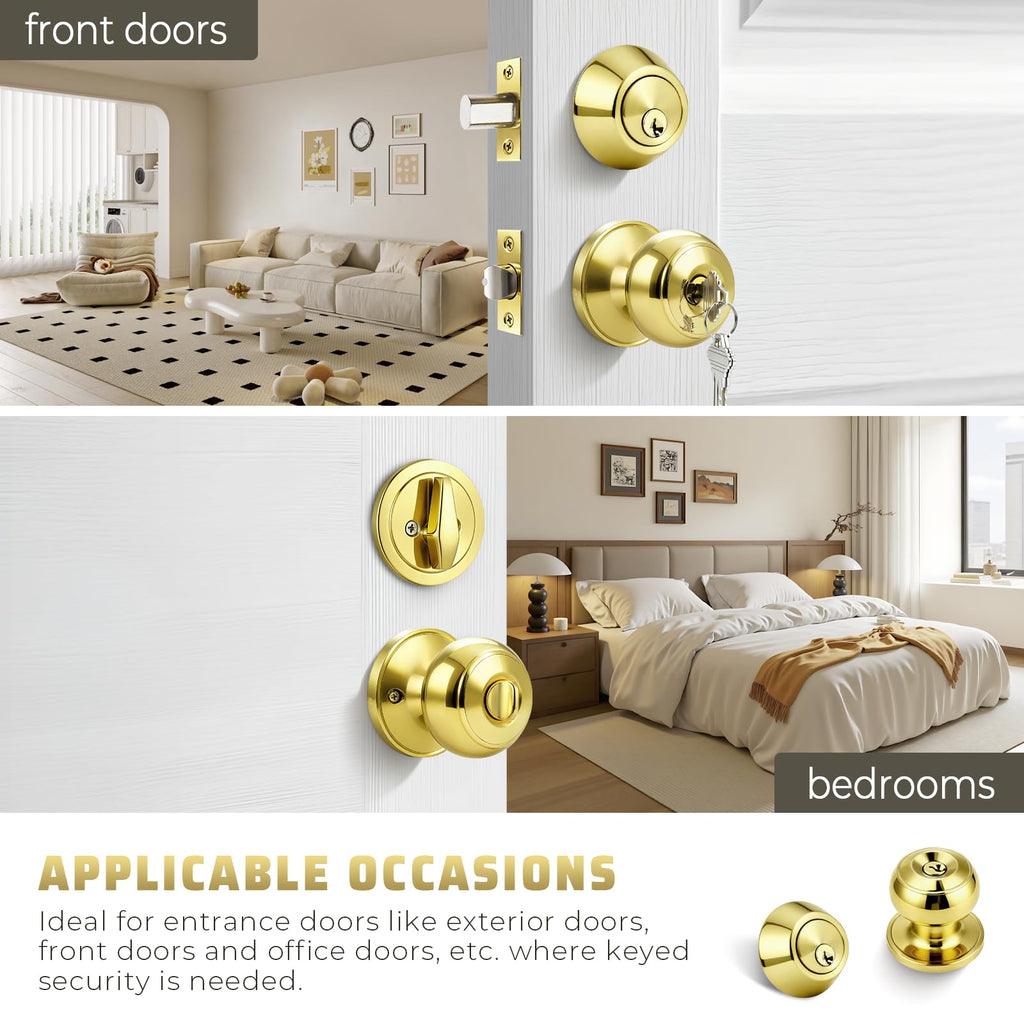 Keyed Entry Door Knob and Single Cylinder Deadbolt Combo Set, Exterior Door Knobs for Entrance and Front Door, Keyed