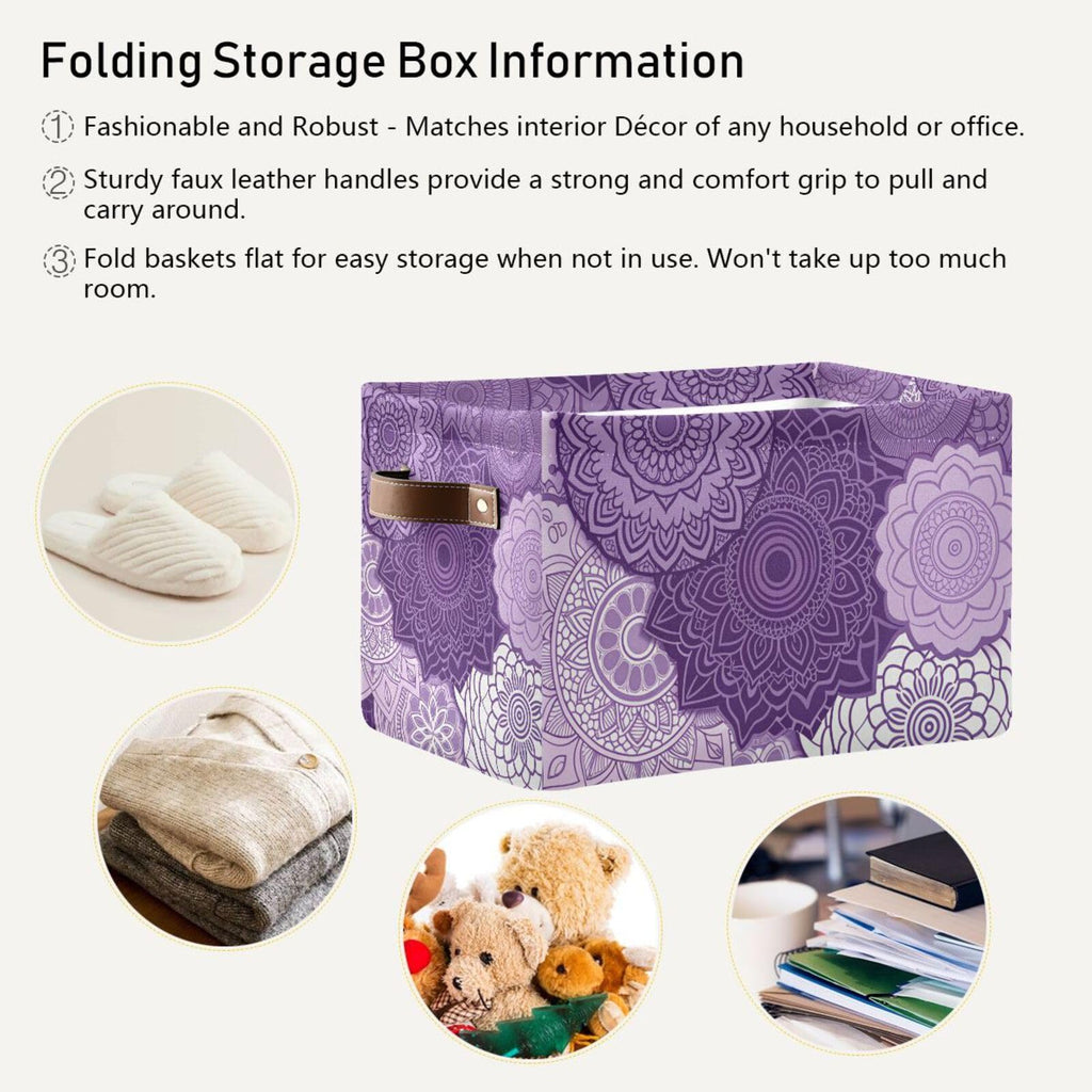 Large Storage Basket Bin Purple Mandala Boho Storage Cube Box Foldable Canvas Fabric Collapsible Organizer with