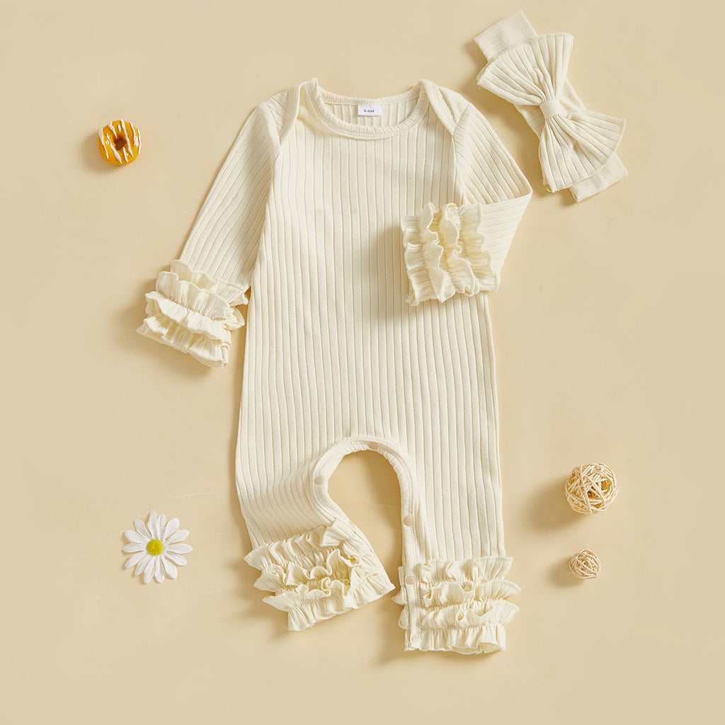 Newborn Baby Girl Clothes Jumpsuit Ruffle Romper Bodysuit Pants Headband One-Piece Coming Home Hospital Outfits