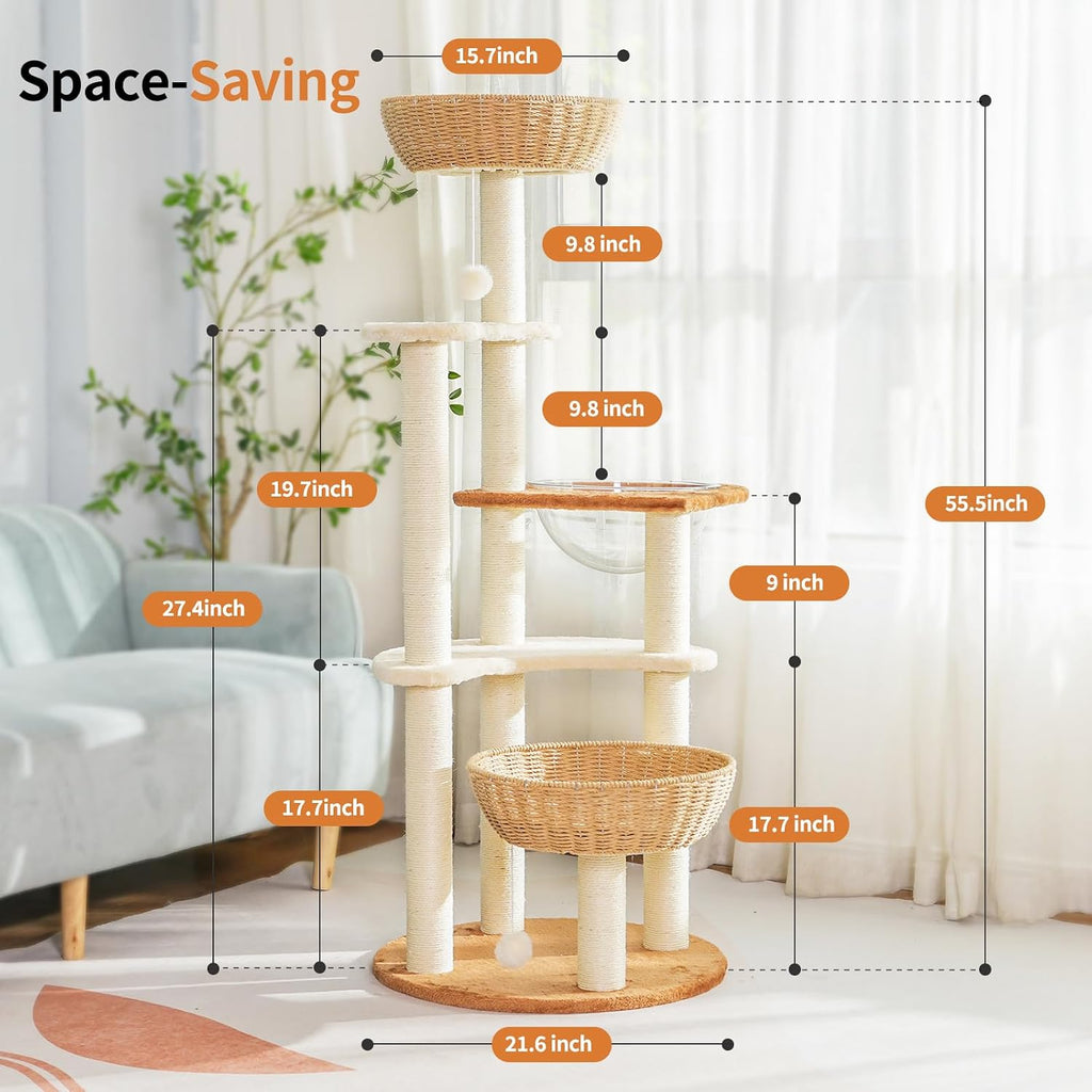 55.5-Inch Modern Cat Tree for Large Cats with Woven Basket Beds
