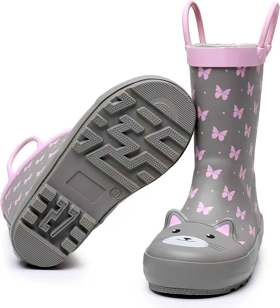 Toddler and Kids Rain Boots with Easy-On Handles, Unisex-Child Waterproof Rubber Rain Boots in Fun Patterns for Girls