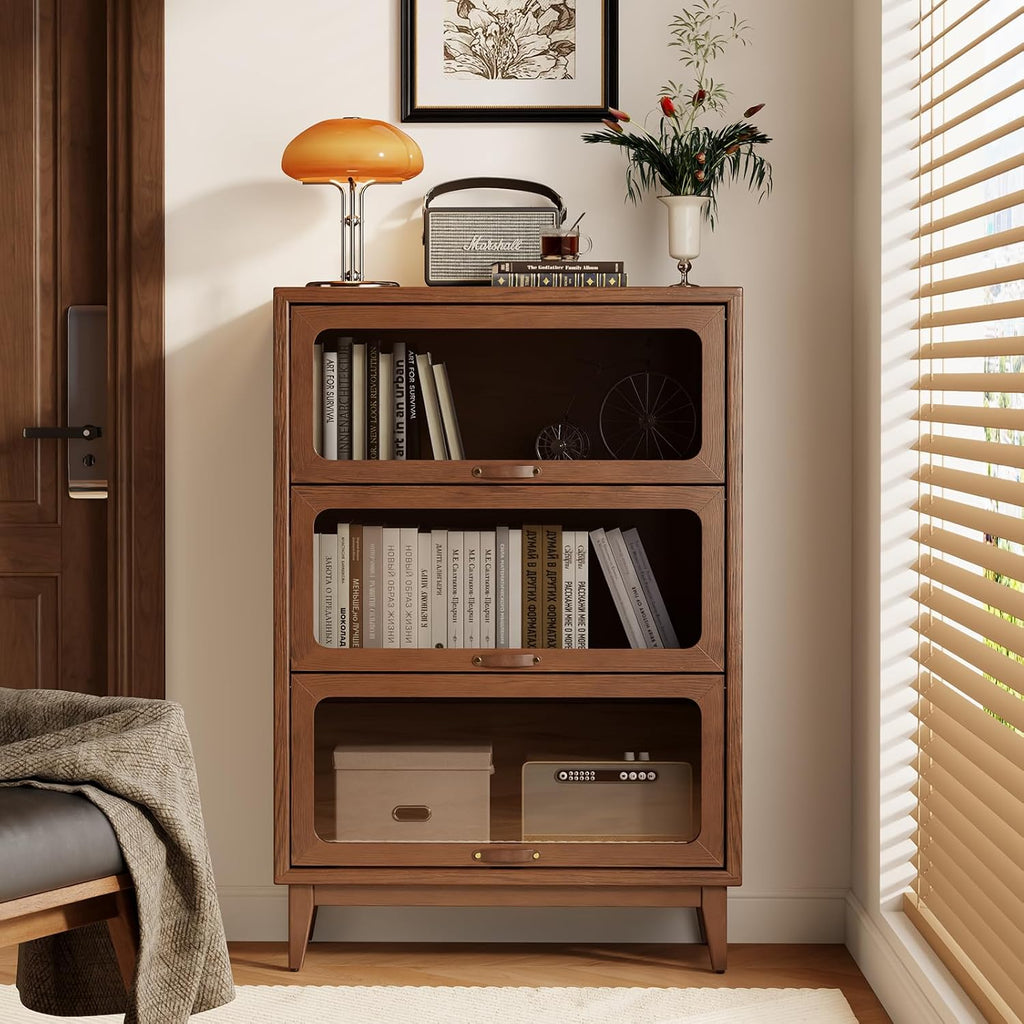Solid Wood Storage Cabinet with Glass Doors, 3 Shelf Small Storage Cabinet, Mid Century Modern Bookcase, Kitchen