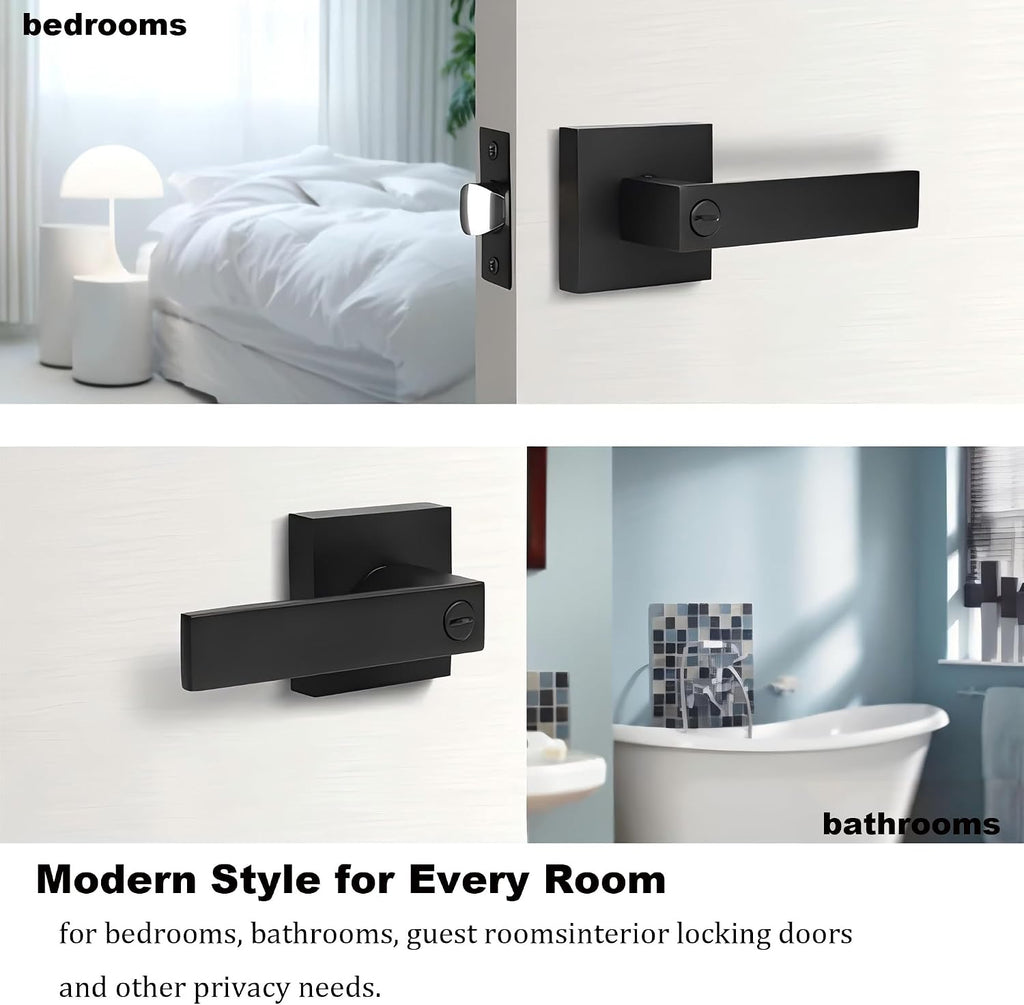 Matte Black Privacy Door Lever, 6 Pack, Interior Door Handle with Thumb Turn Lock, Reversible Modern Lever