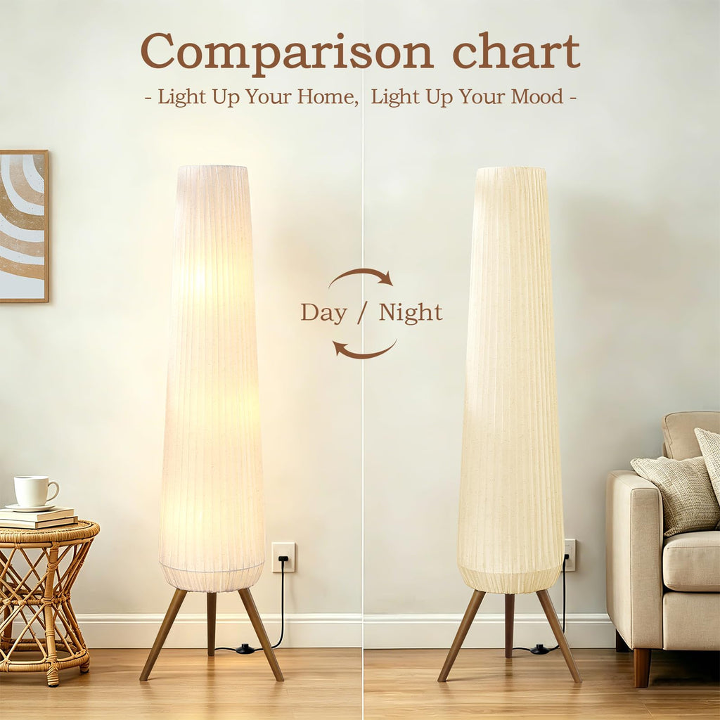 61'' Oatmeal Fabric Pleated Floor Lamp, Walnut Wood Tripod Base