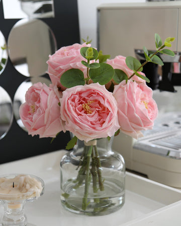 Artificial Flowers with Pink Roses in Vase, Lifelike Fake Flowers in Vase, Faux Flower Arrangements for Dining Table