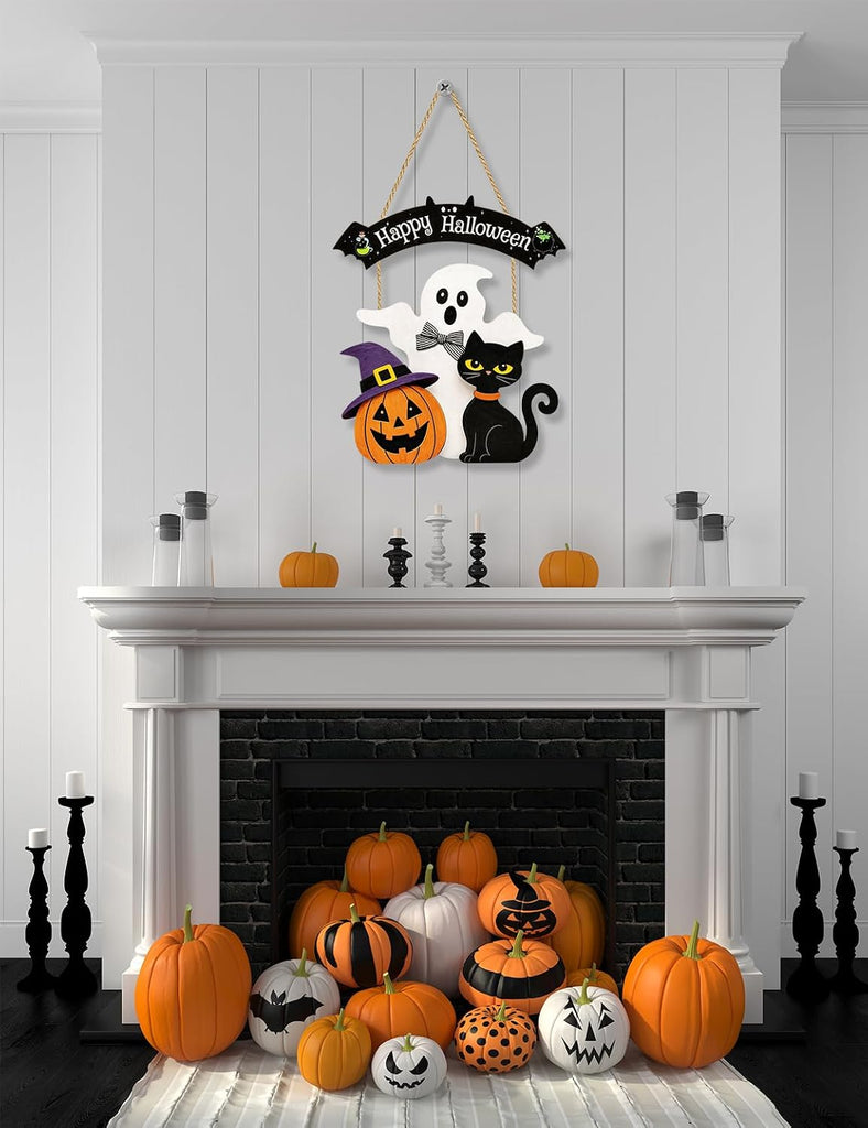Halloween Wreaths for Front Door Welcome Sign for Happy Halloween Wall Decorations Wooden Boo Ghost Black Cat Pumpkin