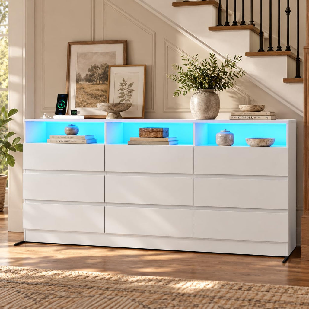 9 Drawer White Dresser with Charging Station Led Lights