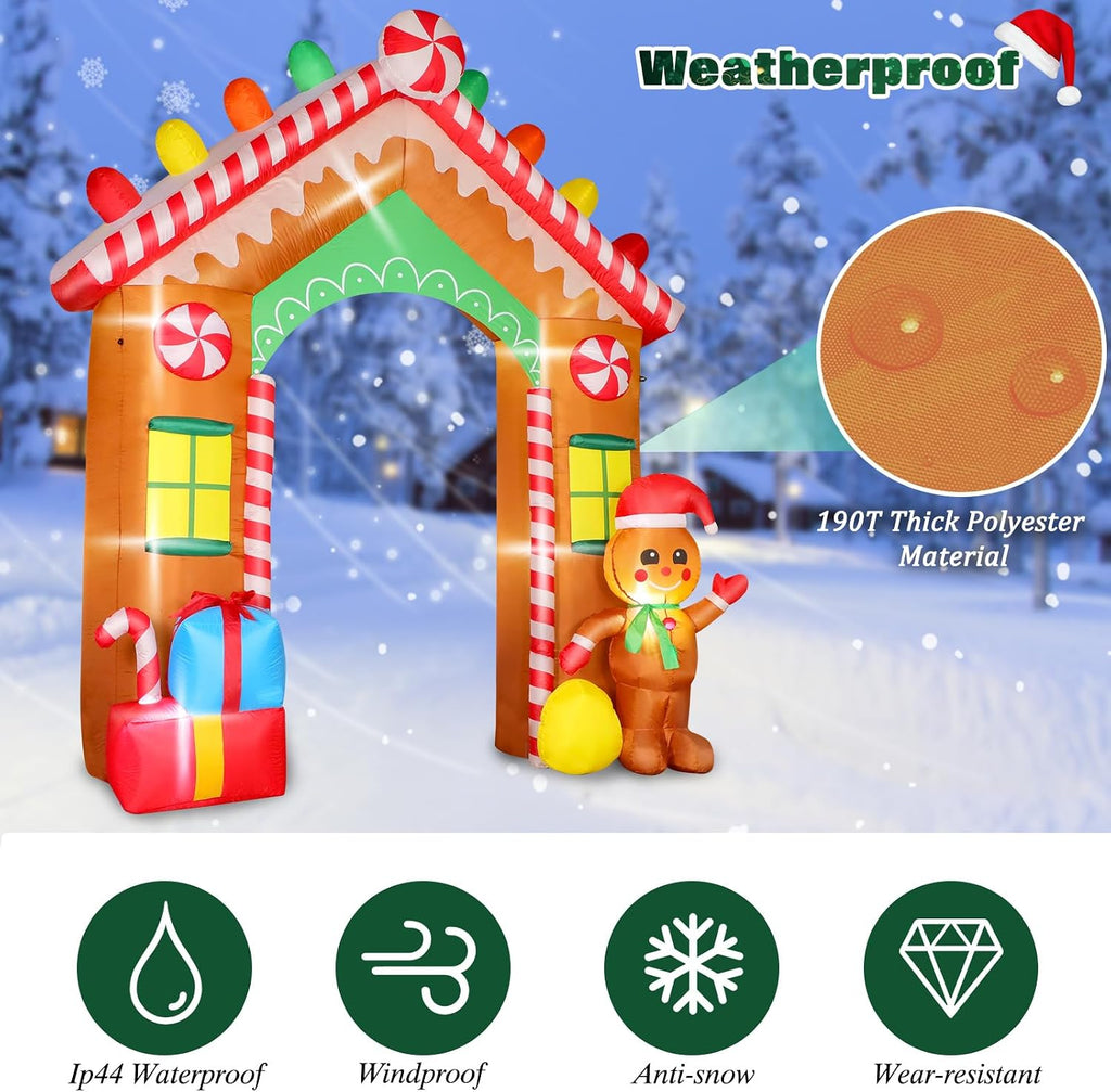 9FT Christmas Inflatable Archway Outdoor Decorations, Blow Up Gingerbread House Arch Yard Decoration with Colorful