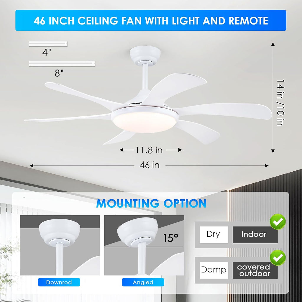 White Ceiling Fan with Lights and Remote - 46" Modern Indoor Ceiling Fan Light Low Profile, Dimmable, Reversible Quiet Motor and Timing, Outdoor Ceiling Light for Covered Patios A101-B0DF72BKDR