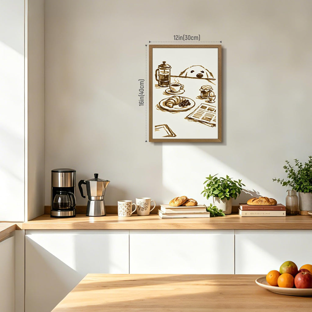 Funny Dog Coffee Wall Art, Cute Curious Puppy Coffee Bar Wall Decor, Neutral Kitchen Breakfast Scene Poster Print
