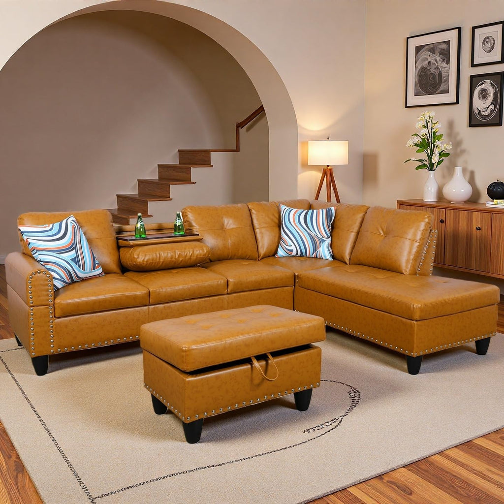 Leather L-Shaped Couch Set, 97.5"L x 69.5"W Sectional Sofas Ginger