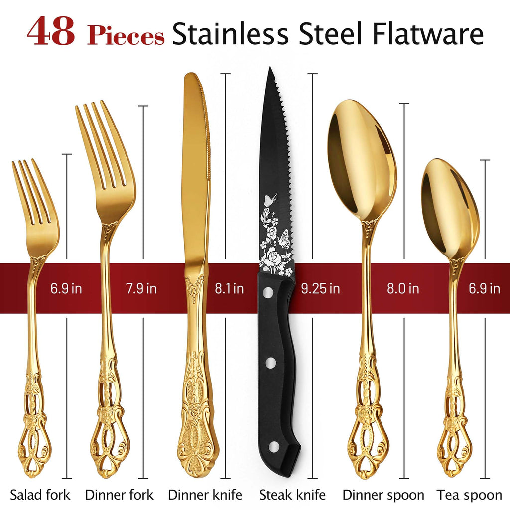Gold Silverware Set For 8, 48-Piece Retro Royal Flatware Set for 8 with Anti-rust Silverware Steel Black Steak Knives