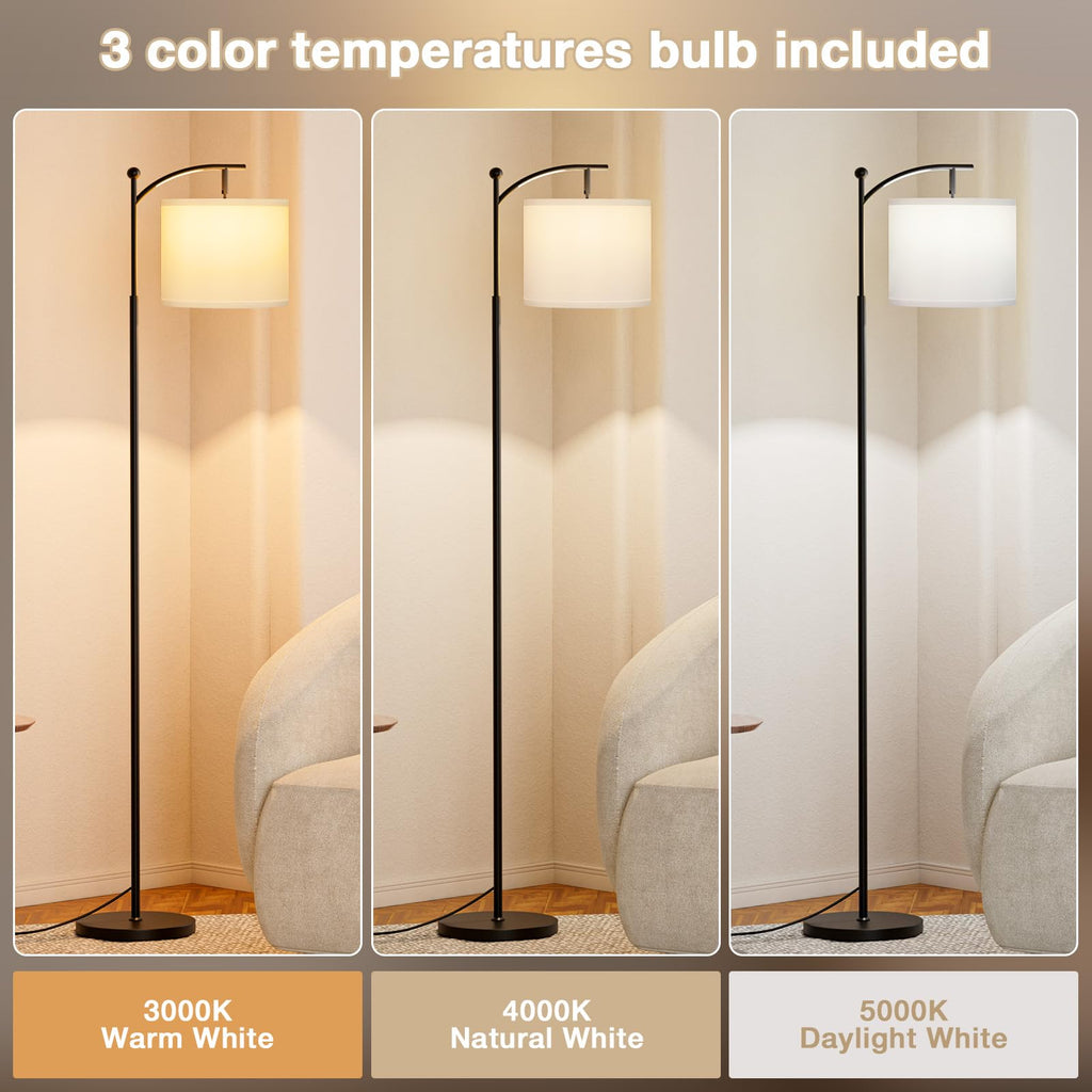 60" Floor Lamp with 3 Color Temperatures, Adjustable White Shade, Black Pole - Tall Lamp, Classroom, Dorm - 9W Bulb